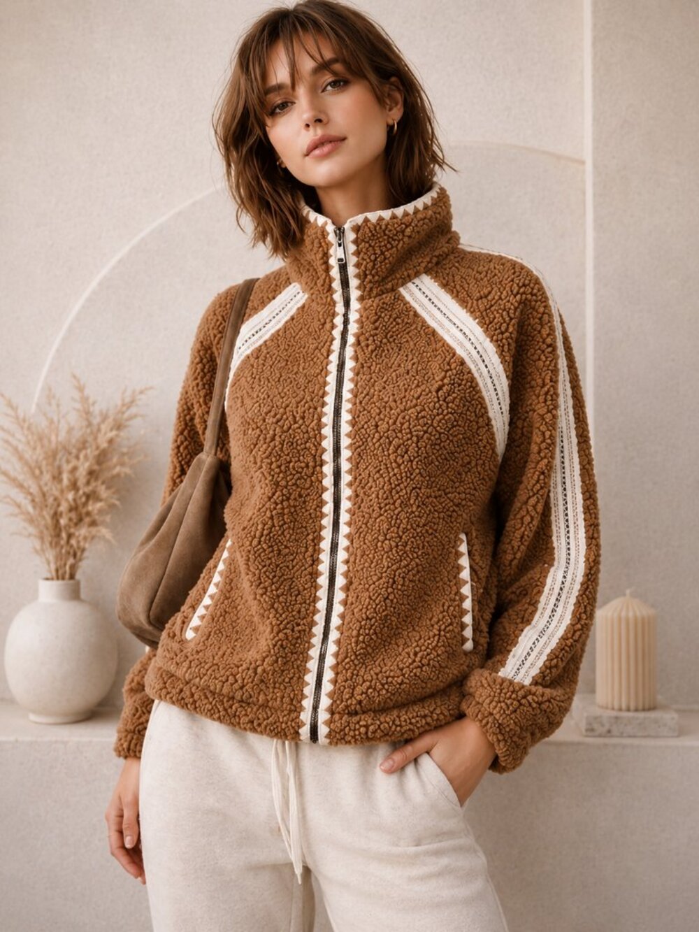 NWT AND NOW THIS CROCHET-TRIM SHERPA FLEECE JACKET CAMEL SIZE PL (PETITE)
